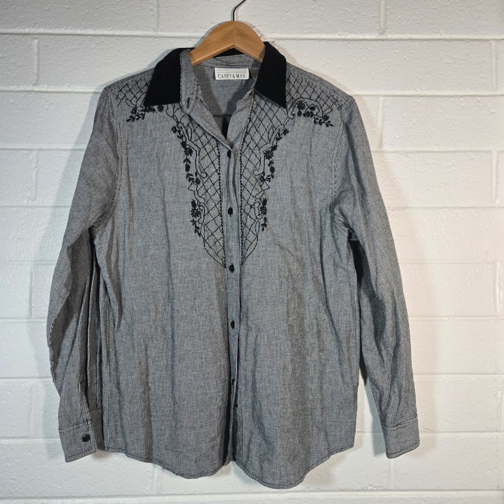 Vtg Casey & Max‎ Button Shirt Large Houndstooth Floral Embroidered Large Western